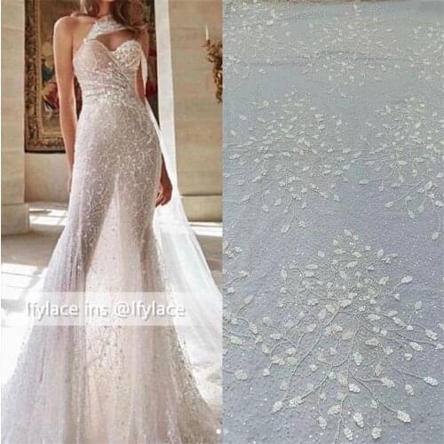 New White Gorgoues Unique Bridal Wedding Gown Dress Lace Fabric Sequins and Beadds Tulle Embroidery Lace Fabric