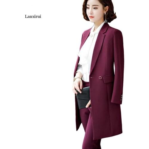 New Winter Women Long Blazer Elegant Long Sleeve Formal For Office Lady Black Blue Red