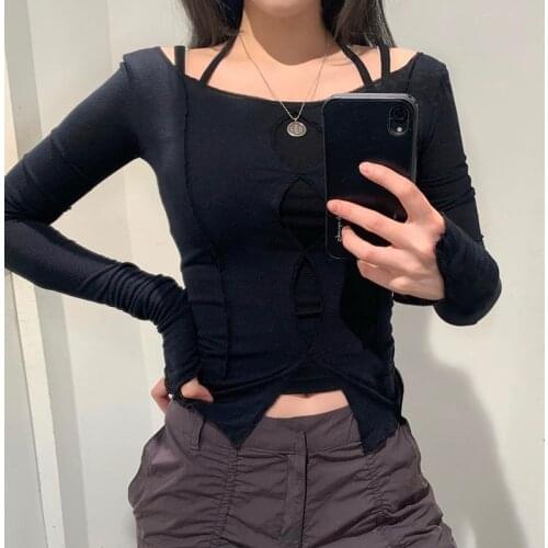 Sexy Autumn Spring Women Casual T-shirts Ladies Long sleeve Patchwork Off shoulder Slim Fit Pullover Hot Tee Crop top Club