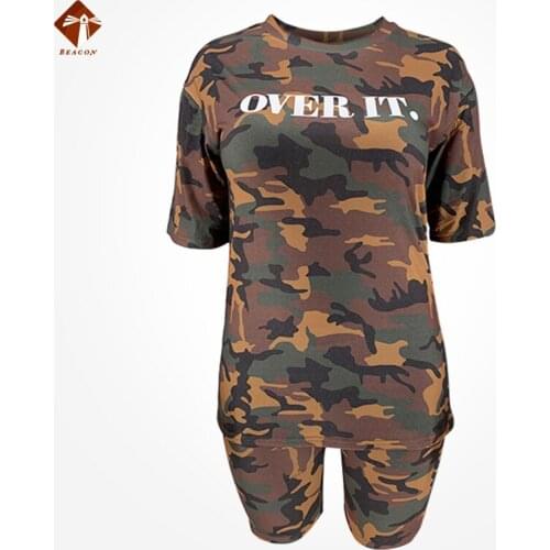 Camouflage Letter Print Casual Loose Shorts Tracksuit T Shirt Two Piece Clothing Plus Size Women Clothing Fashion 2021 Summer