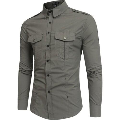Men Long Sleeve Cargo Shirt Camisa Masculin Slim Fit Casual Turn Down Collar Shirt Pocket Khaki Male Fashion Shirts Men Clothing