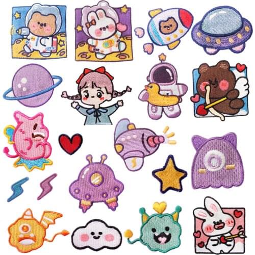 Cartoon girl Space Bunny Patch for Clothing Self-adhesive Iron on Embroidery Applique Fabric Badge DIY cute phone case Apparel