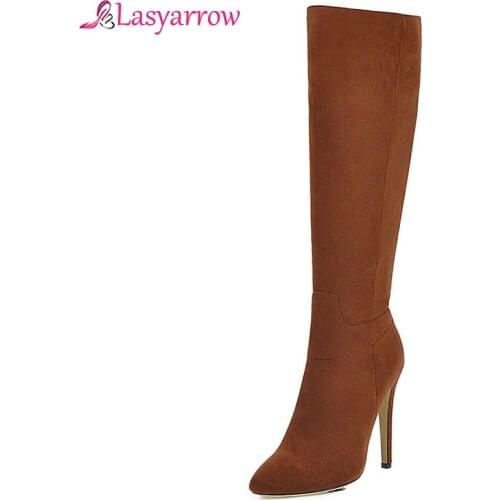 Lasyarrow Winter Sexy Big Size 46 Party Boot Female Thin High Heel Pointed Toe Shoes Woman Knee High Boots Women Shoes J1118