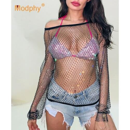 Sexy Hollow Elastic Fishnet T-Shirt Top New Crystal Diamond Shiny Female T-Shirt 2020 Summer Fashion Perspective Beach Top