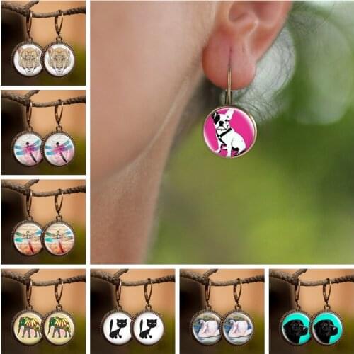 New Style Comic Dog Elephant Dragonfly Chic Earrings Animals Picture Dangle Earrings Glass Jewelry Gift for Fashion Female