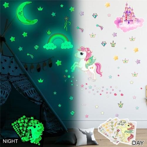 Luminous Unicorn Wall Stickers Glow In The Dark Stars Rainbow Unicorn Wall Decal For Kids Room Baby Bedroom Fluorescent Sticker