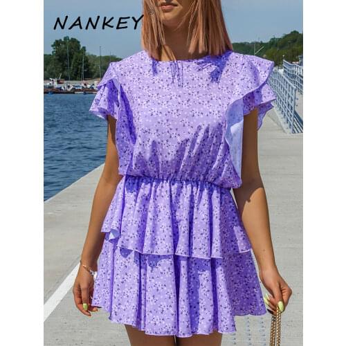 NANKEY Violet Purple Ruffle Dress For Women Summer Sleeveless Elegant Vintage Floral Sundress Office Lady Casual Loose Dress