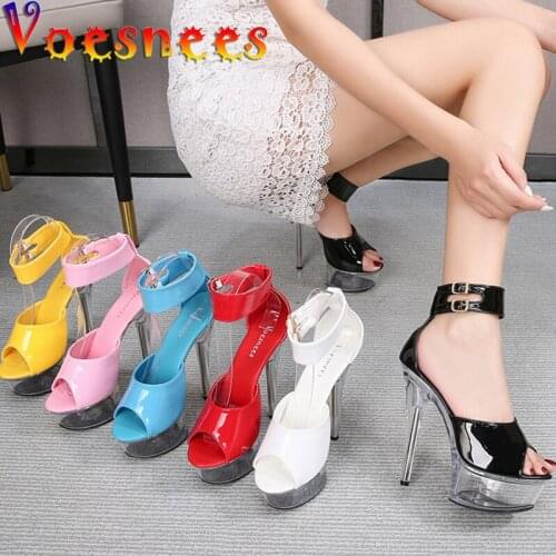 Voesnees Stripper Heels Women Shoes Transparent Clear Thin Heels Patent LeatherPlatform Pole Shoes Sexy Modern Club Sandals New