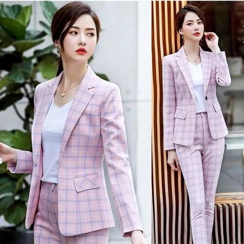 Plaid Women Suit Blazer Formal Autumn Spring Business Long Sleeve Office Uniform High Quality Blazer And Pants Set Female LS093