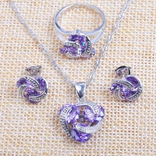 Classic Purple Crystal Zirconia Silver Color Jewelry Sets For Women Wedding Necklace Pendant Earrings Rings Z0175