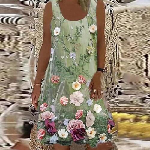 Women Fashion Summer Loose Beach Dress Vintage Flower Print A-Line Party Dress Lady Casual Elegant O-Neck Sleeveless Tank Dress