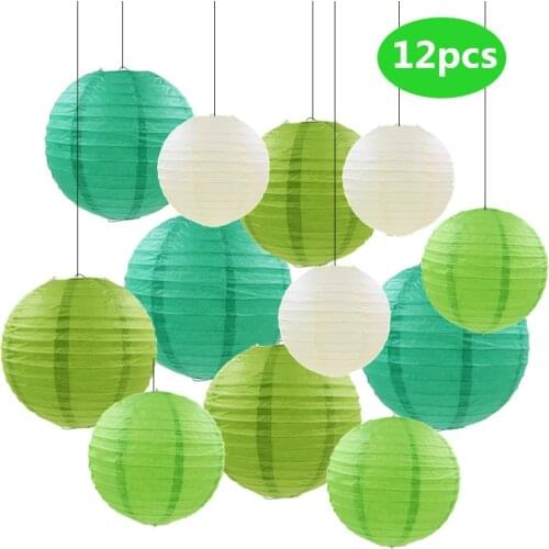 12 Pcs/set Paper Lanterns with Assorted Sizes Round Mix Colors Green Beige Chinese Paper lamp Wedding Party Hanging Decor