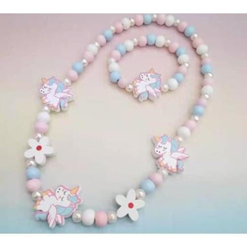 2021 Cartoon Colorful Wooden Unicorn Flower Animal Child Sweater Necklace Bracelet Girls Gifts Childrens Jewelry Kids Toys