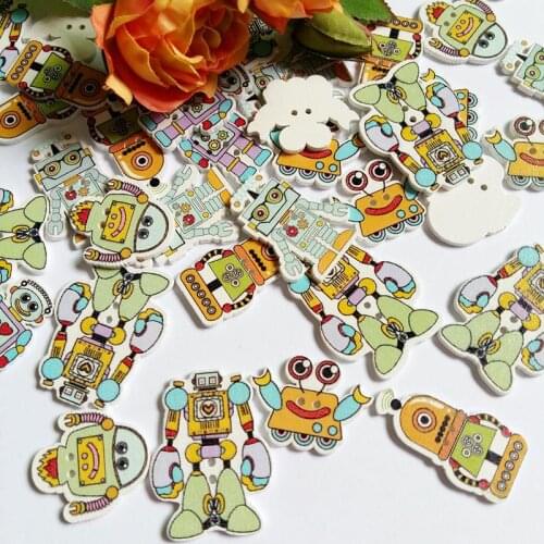 50Pcs/lot Robot shape Buttons 2 Holes Mixed Wood Decorative buttons Crafts Accessories Wooden Buttons