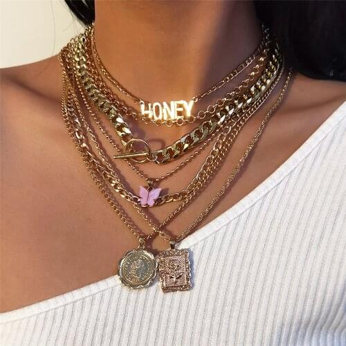 7Pcs/Set Multilayer Butterfly Choker Necklace HONEY Rose Square Coin Pendant Necklace Set Hip hop Party Statement Jewelry Gift