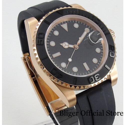 BLIGER SUB Japan 24 Jewels NH35 All Rose Gold Automatic Mens Watch Ceremic Bezel Screw Crown Brushed Insert Sterile Dial