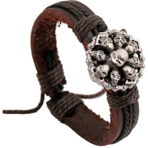 Gothic Punk Skulls Bracelet Genuine Leather Adjustable Wrap Vintage Skeleton Charm Bangle Wristbands Hiphop Rock Fashion Jewelry
