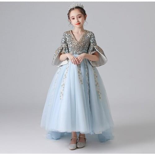 Flower Girl Dresses Illusion Three Quarter V-Neck Princess Floor-Length Tulle Lace Luxury Sky Blue Vintage Kids Party Gown H645