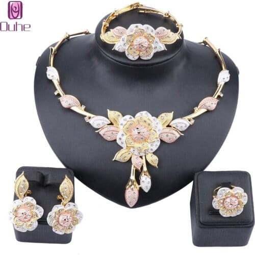 Dubai Gold Color Rose Flower Crystal Jewelry Set Women Earrings Necklace Bracelet Ring Sets For Women Wedding Party Gift
