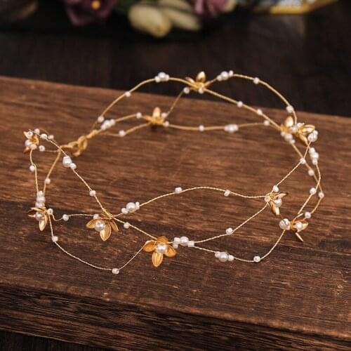 Elegant Pearl Gold Leaf Headbands Hairwear Bride Tiaras Crowns Headdress For Women Wedding Accessories