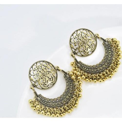 Ethnic Flower Tassel Indian Jhumka Earrings For Women Boho Vintage Hollow Bollywood Oxidized Bell Alloy Dangle Earrings Jewelry