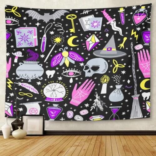 Pattern Magic Witch Witchcraft Alchemy Black Bohemian Drawing Drawn Tapestry Wall Hanging for Living Room Bedroom Dorm 50x60 in