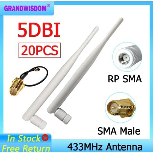 20PCS 433Mhz Antenna 5dbi lora pbx 433 mhz RP-SMA Connector Rubber Lorawan antenna+ IPX to SMA Male Extension Cord Pigtail Cable