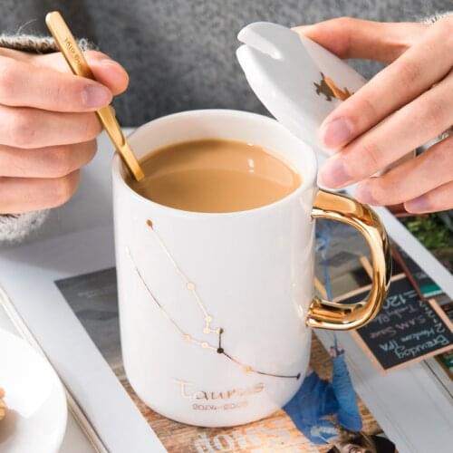 Ceramic Coffee Mugs 12 Constellation Theme Star Drill Mug Gift Box With Lid And Spoon Zodiac Milk Cup Water Drinkware