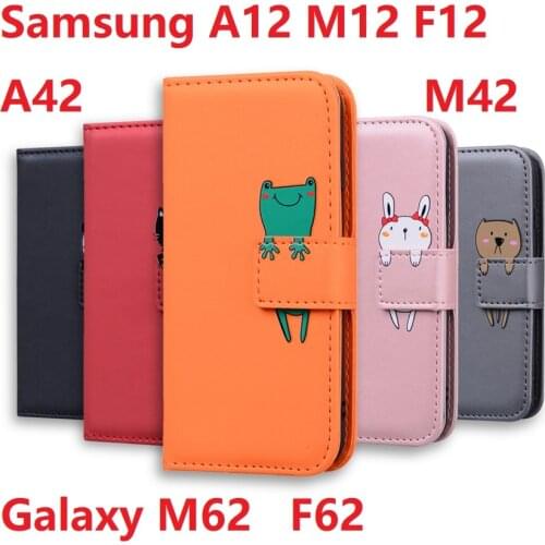 Wallet Leather For Samsung Galaxy A12 M12 F12 A42 M42 M62 F62 Case 5G Magnetic Protective Book Stand Card Cartoon Cover