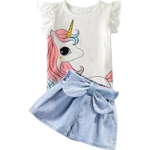 Jargazol Summer Kids Clothes Fashion Unicorn Flying Sleeve Shirt&bow Tie Denim Shorts 2 Pieces Cute Toddler Girls Outfits Set