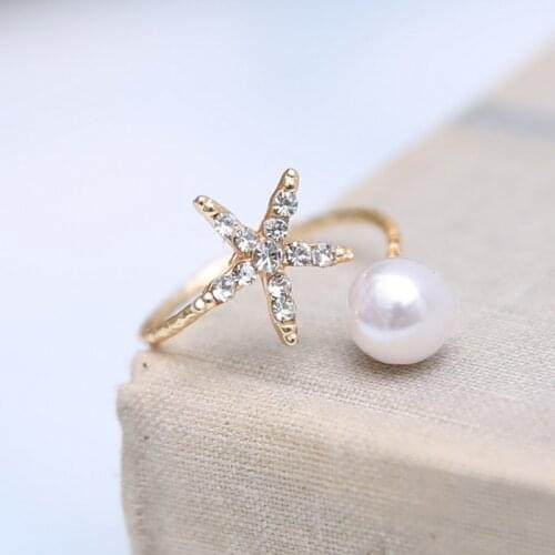 Fashion jewelry starfish imitation pearl rings gold ring women jewelry Open cuff Ring Animal Star Adjustable Crystal Rhinestone