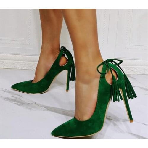 Fashion Woman Green Suede Pointed Toe Hollow Out Fringe Shallow Pumps Party Cuts Out Back Slip On Thin Heels Shoes Big Size 47