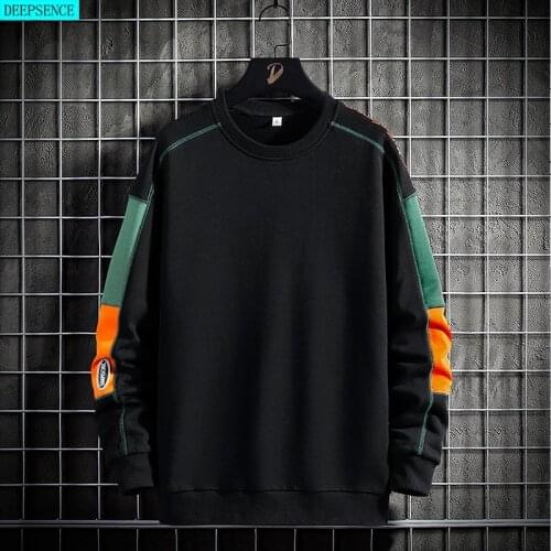 2021 Japanese Autumn Splicing Mens Sweatshirt Color Block Round Neck Trend Youth Loose Pullover Top Sweatshirt Men