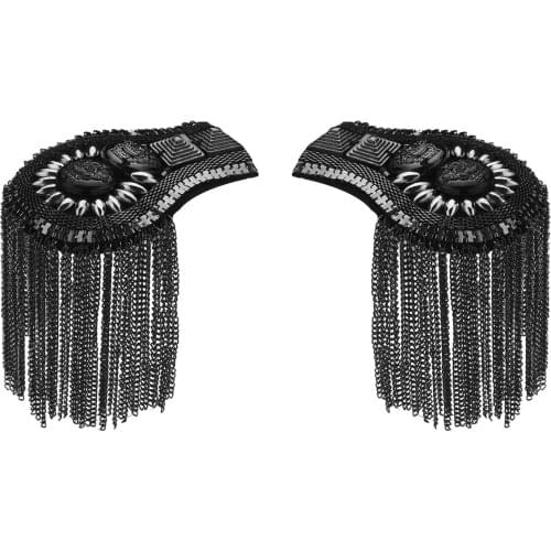 2Pcs Unisex Shoulder Badges Vintage Tassel Patch Chain Shoulder Boards Badges Beads Metal Epaulette Military Pin Brooch Medal