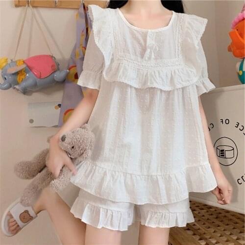 2021 Summer New Palace Style Pure Cotton Pajamas Womens Sweet Princess Style Short Sleeve Ruffle Housewear Female Sleepwear