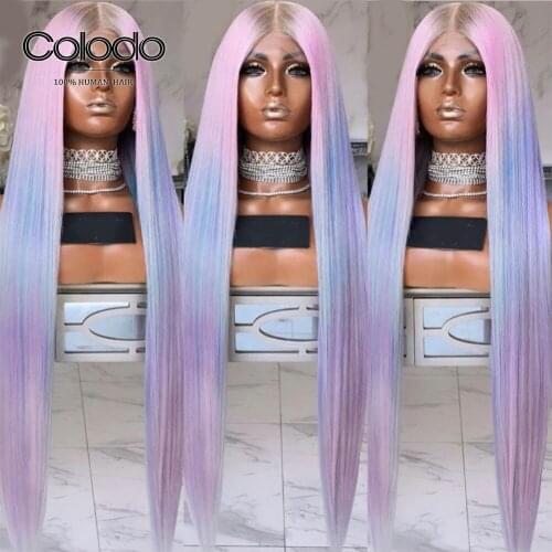 Pastel Purple Staight Wig with Baby Hair Pre Plucked Ombre Human Hair Wig Brazilian Remy Lace Front Human Hair Wigs COLODO