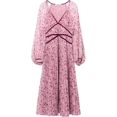 PERHAPS U Korean Version Chiffon Ruched Apricot Pink Print Floral V Neck Long Sleeve Maxi Dress Spring Summer Beach D1601