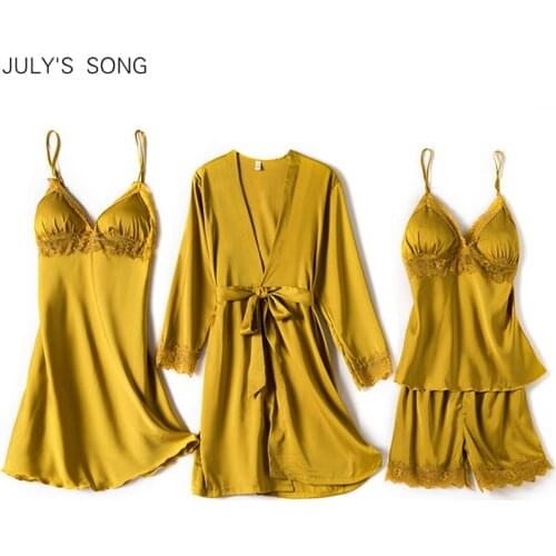 JULYS SYJJF Sexy Stain Pajamas Sets Ladies Elegant 4 Pieces Nightdress Shorts Faux Silk Homewear Nightwear Spring Sleepwear