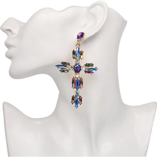 FSUNION 2019 Hot Fashion Crystal Earing Colorful Jewelry unique Trendy Cross Earrings For Women Large Big statement Earrings