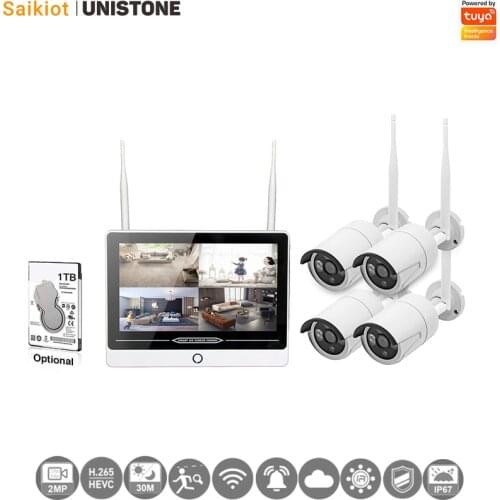 Saikiot Tuya Smart 4CH Wireless 1080P WIFI Camera NVR Kit with 12inch Monitor Outdoor Waterproof Camera P2P CCTV System KIT