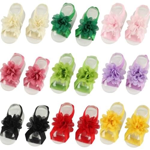 Baby girl Sandals Flower Shoes Barefoot Foot Flower Ties Infant Girl Kids First Walker Shoes Folds Chiffon Flower KFA10