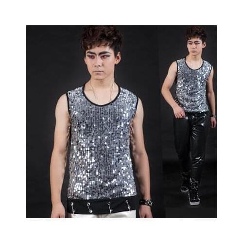 Silver Sequins Singer stage mens vest men pullover brand roupas masculinas sexy tank 1 camisetas regatas 2XL Customizable