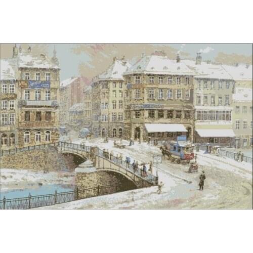 Snowfall Winter Snowy City Town, Bridge Scenery Embroidery Needlework 14CT Unprinted Cross Stitch Kits DIY Handmade Home Decor