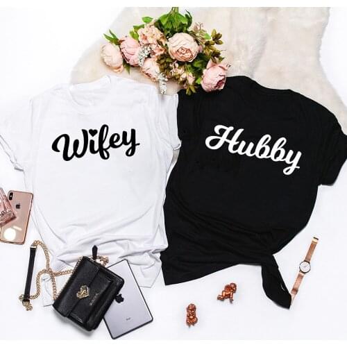 Casual Women Graphic Couples Honeymoon Tees Tops Wifey And Hubby T-shirt Funny 90s Unisex Bridal Wedding Gift Tshirt