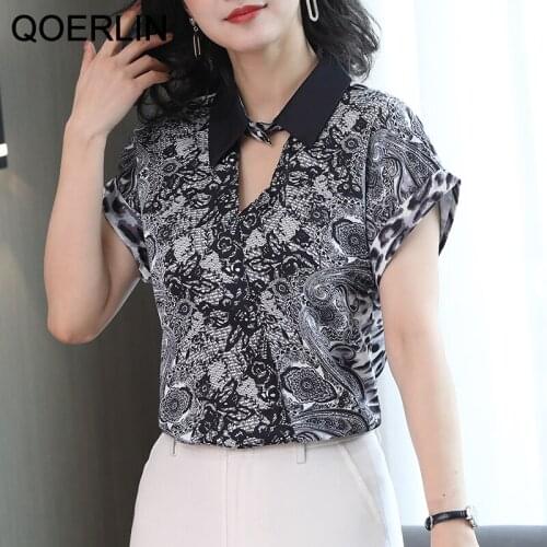 QOERLIN Temperature Floral Chiffon Blouse Women Short Sleeve Turn Down Collar Mom Tops Shirts Fashion Plus Size 3XL Blusa Mujer