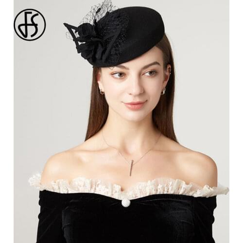 FS 2021 New Vintage Black 100% Wool Hats For Women Fashion Fedora Hat Mesh Flower Hat Wedding White Elegant Ladies Pillbox Hat