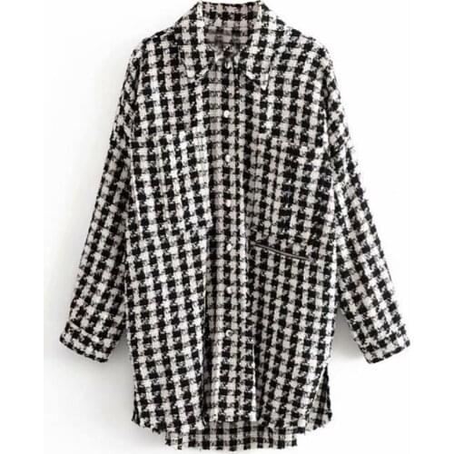 Hot Women Black White Plaid Oversize Tweed Jacket Houndstooth Coat Long Sleeve Loose Casual Long Checked Outerwear Top