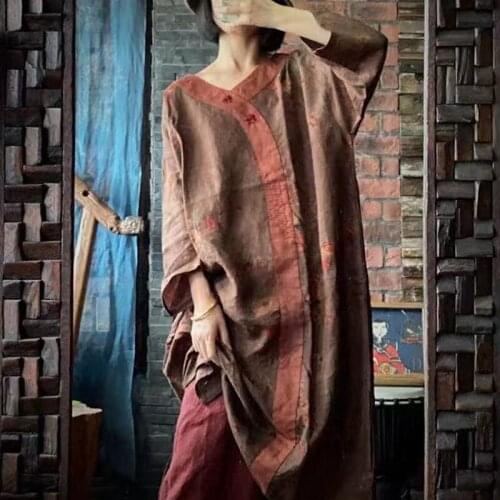 Johnature Women Linen Dresses A-Line Print Patchwork 2021 Autumn Full Sleeve O-neck Female Chinese Style Vintage Dress