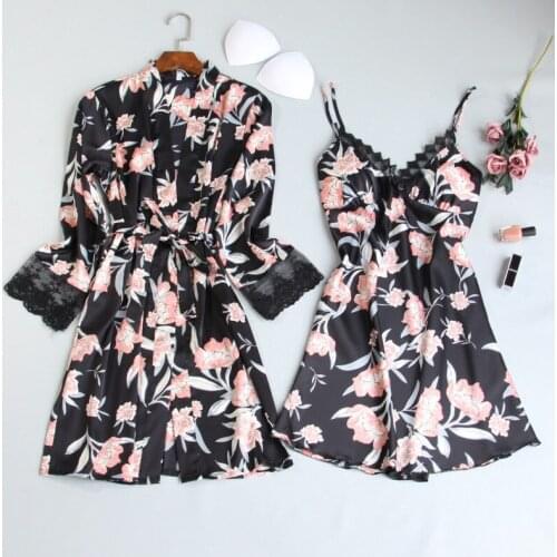 MECHCITIZ 2019 Women Sleepwear 2 Pieces Sexy Lace Femme Robe & Gown Sets Sleep Lounge Silk Robes Nightwear Bathrobe Night Dress