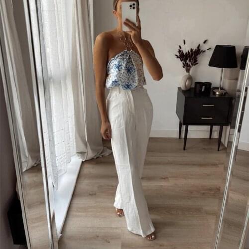 Womens blue print Halter vest 2021 summer fashion backless beach vest womens Retro chain patchwork sleeveless top